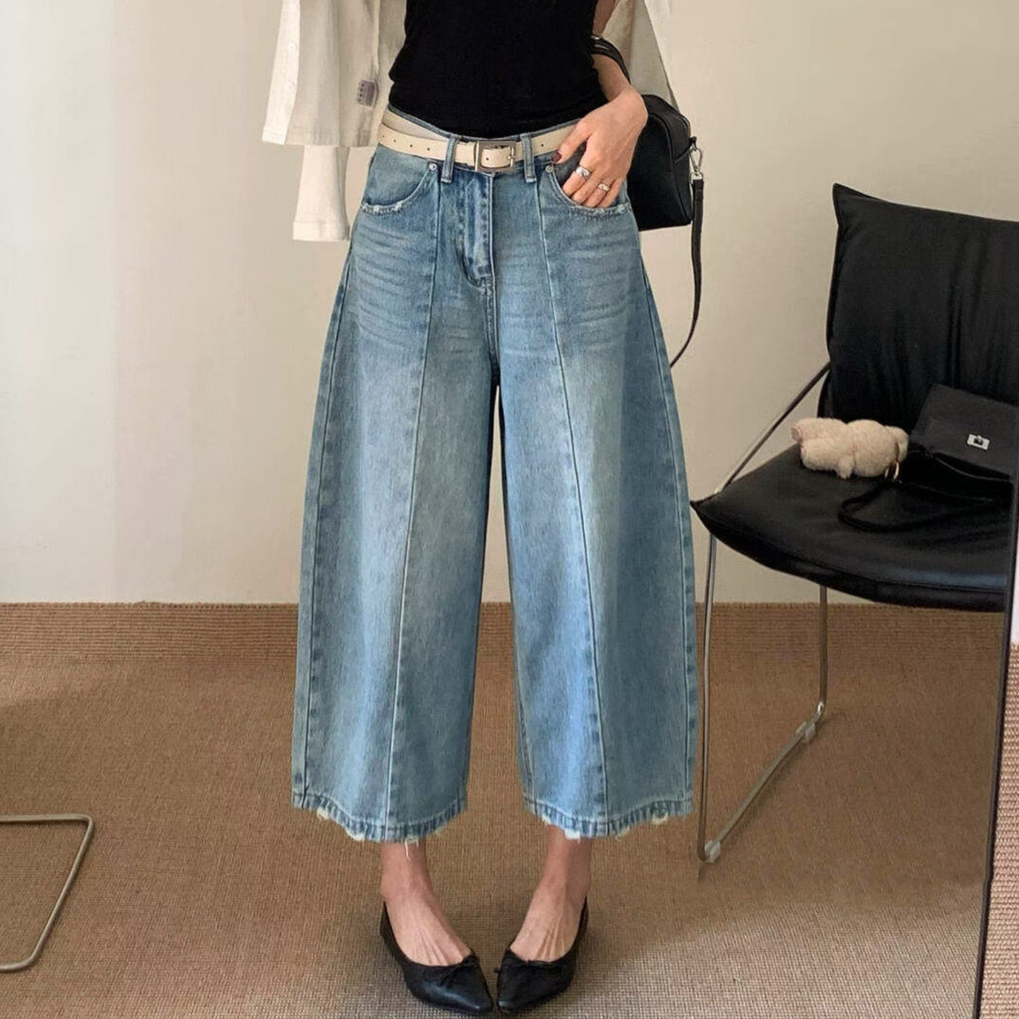 2026春夏新款Jeans阿凡牛A5596宽松显瘦毛边八分女牛仔阔腿弯刀裤