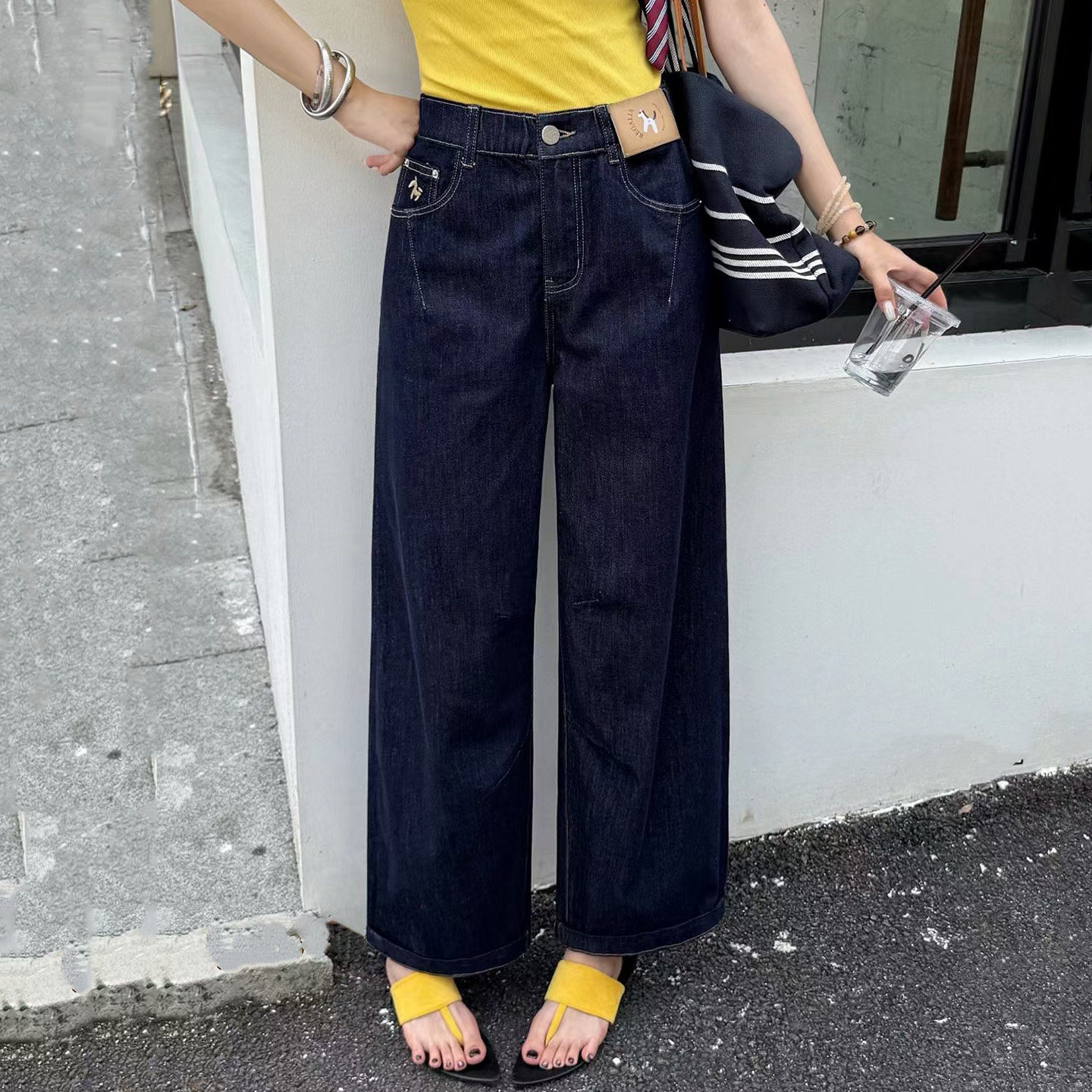 2026夏新款jeans阿凡牛A5656松紧腰宽松九分女牛仔直筒老爹男友裤