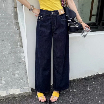 2026夏新款jeans阿凡牛A5656松紧腰宽松九分女牛仔直筒老爹男友裤