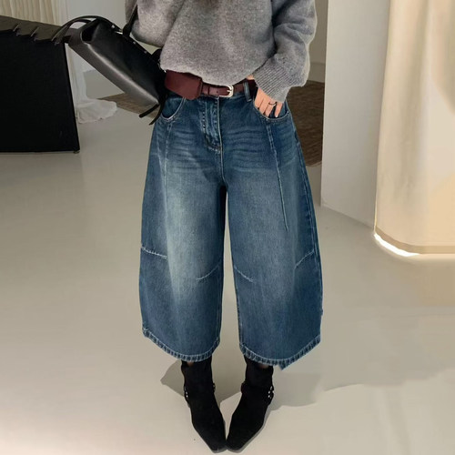 秋宽松显瘦百搭女牛仔八分阔腿裤