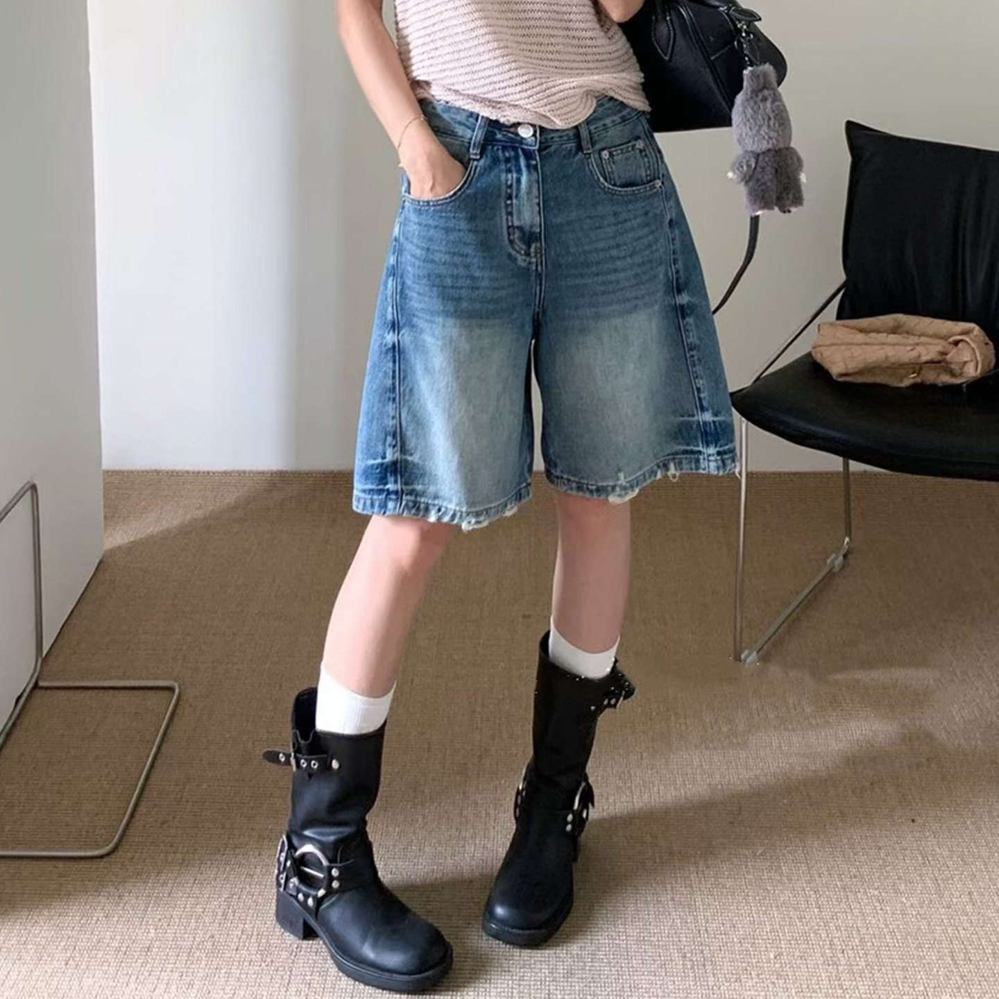 2026夏季新款jeans阿凡牛5731宽松显瘦毛边A字五分女牛仔阔腿短裤