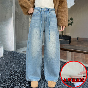 2025冬Jeans大企85263加厚复合宝宝绒宽松显瘦烫钻牛仔老爹弯刀裤