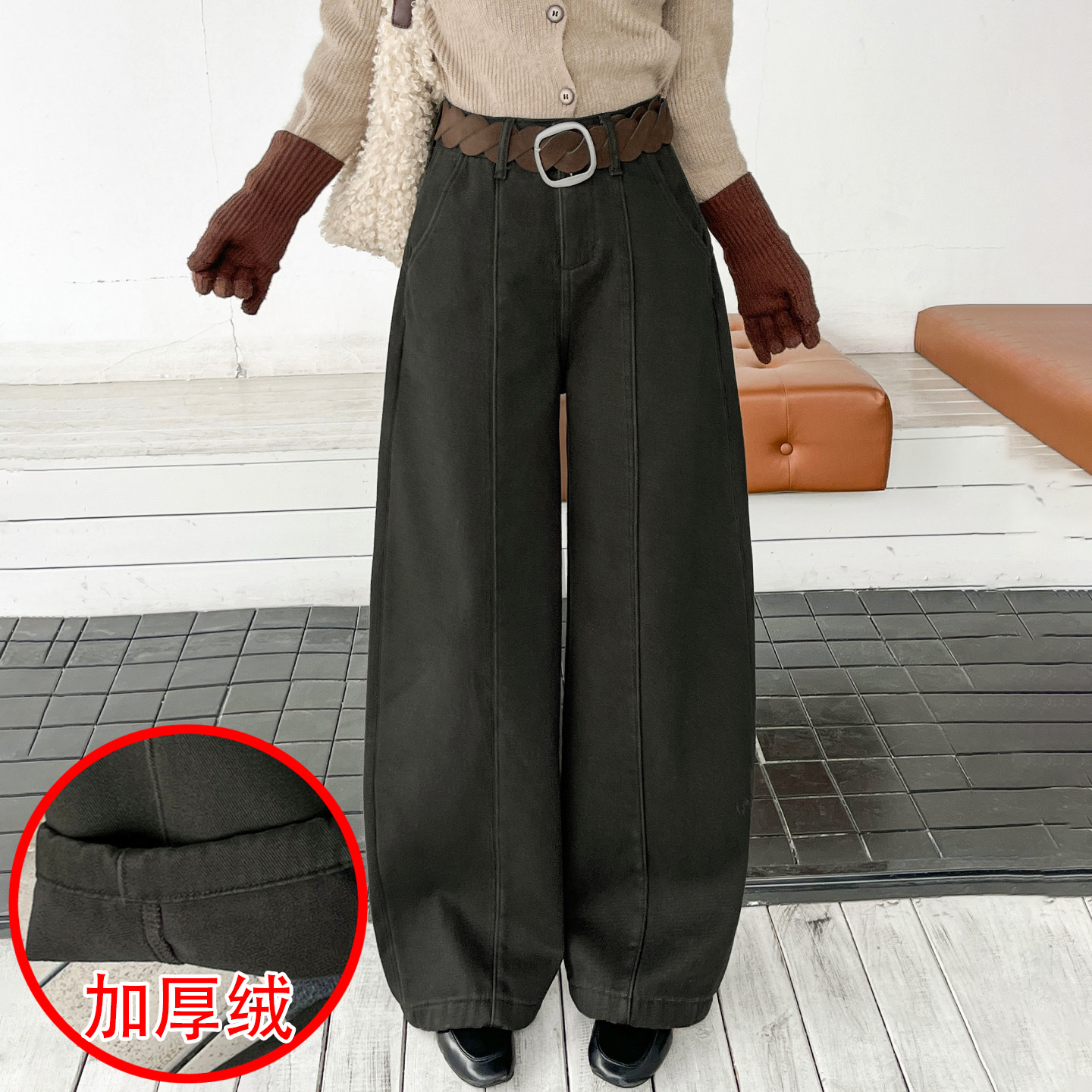 冬季加厚绒保暖女牛仔弯刀阔腿裤