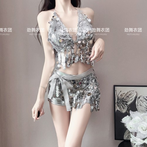 酒吧DS演出服新款女DJ领舞台chic性感辣妹银色亮片爵士舞时尚套装