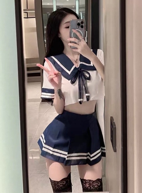 新品ds演出服gogo爵士舞套装酒吧DJ舞台女团学园蓝色百褶裙jk服