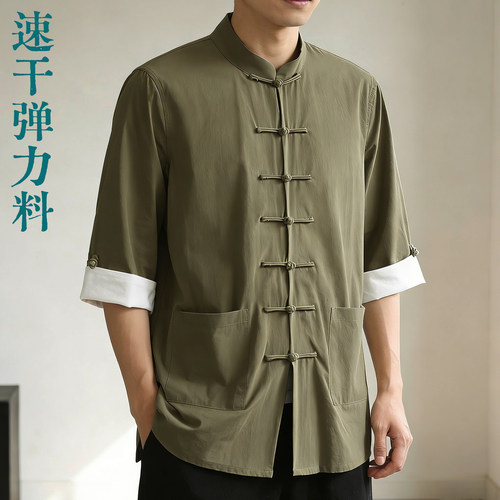 唐装男青年夏季薄款七分袖中国风新中式复古盘扣立领休闲短袖衬衫