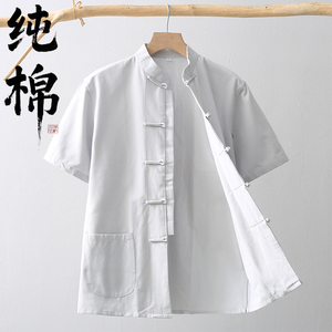 夏季唐装男纯棉短袖中老年中国风中式复古风男装粗布汉服半袖衬衫