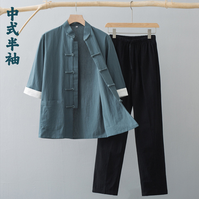唐装男夏季薄款中袖套装