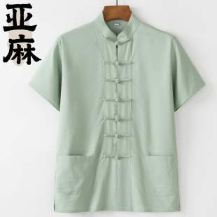 天丝亚麻料唐装男款夏季薄款短袖新中式复古盘扣中老年休闲衬衫
