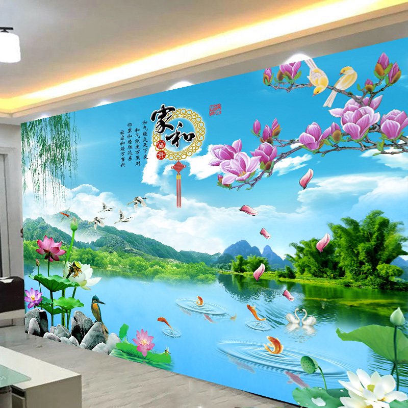 中式自粘山水墙贴画流水生财风水画客厅卧室沙发背景墙装饰壁画