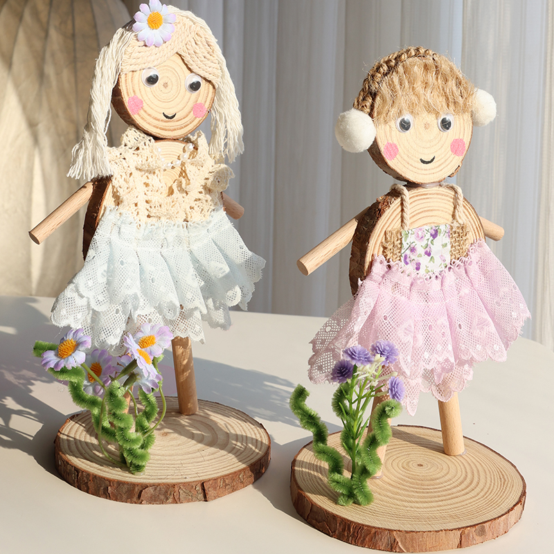 幼儿园diy松果木片树枝换衣小人摆件创意区亲子手工半成品材料包