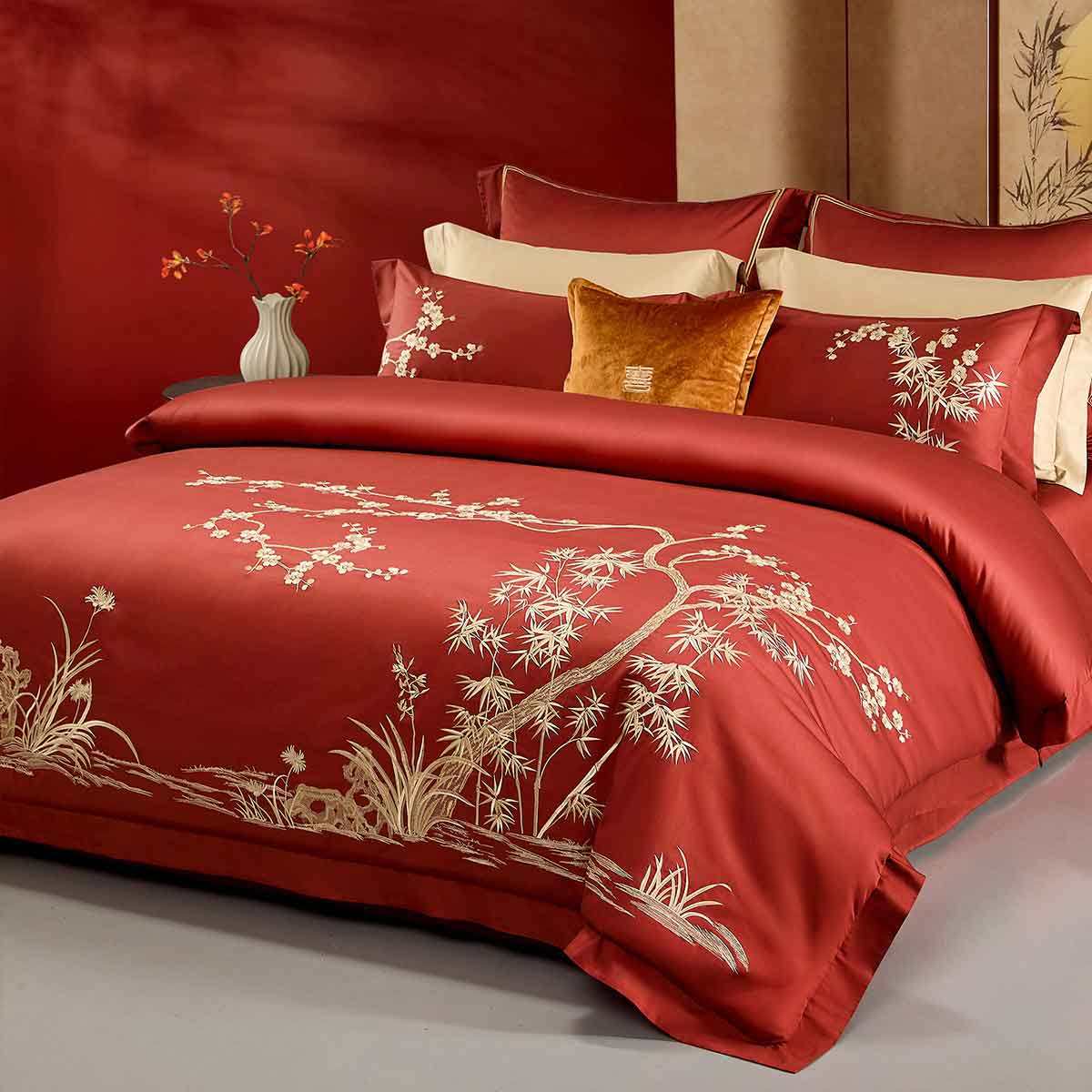 水星家纺全棉结婚四件套纯棉60支长绒棉刺绣婚庆喜被1.8床品4件套