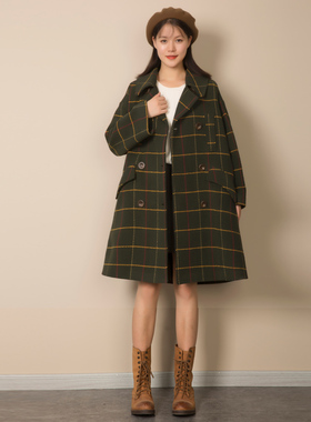 木桐榆叶秋冬新款复古格纹宽松显瘦毛呢外套中长款呢大衣女