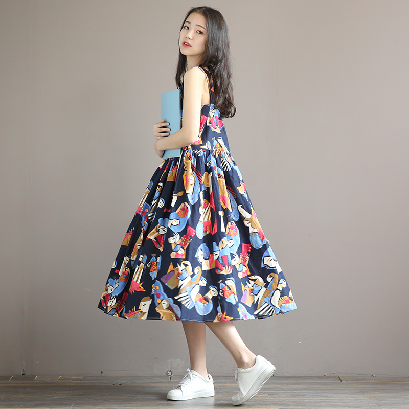 木桐榆叶连衣裙夏季新品甜美森系无袖方领印花显瘦吊带裙子仙女裙