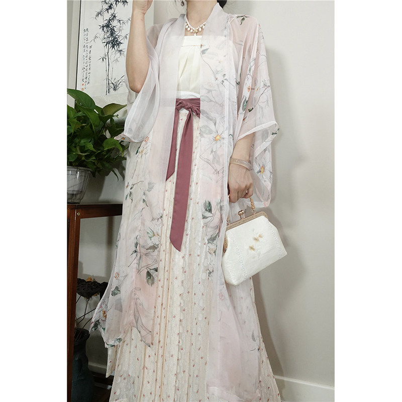 南国传统服饰 真丝印花100%桑蚕丝长干寺半袖长衫宋制汉服 现货