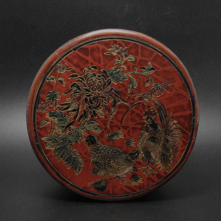古董古玩文房雅器漆器清中期木胎富贵大吉图花卉纹描金老漆盒