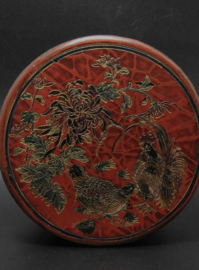 古董古玩文房雅器漆器清中期木胎富贵大吉图花卉纹描金老漆盒
