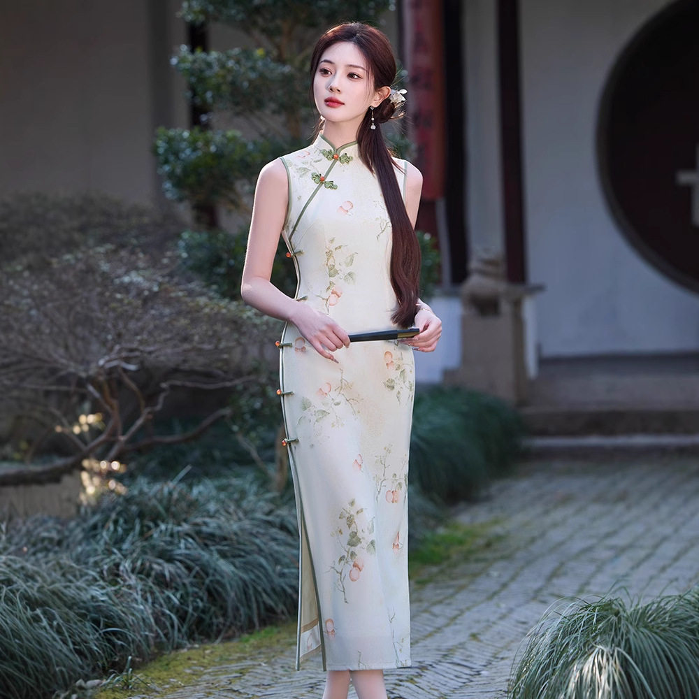 夏季双层网纱民国中式风旗袍女修身显瘦长款连衣裙立领刺绣旗袍