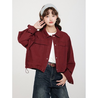 Enmei2025秋季新款韩版宽松大口袋牛仔短外套女显瘦抽绳牛仔衣