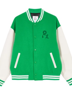 JJ国内代购绿色棒球领百宽松休闲PU拼接毛呢外套夹克男 221427012
