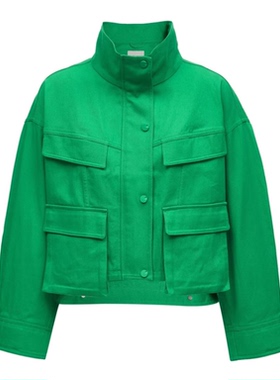 OL国内代购亮绿色翻领宽松工装纯棉短款夹克外套女 123136035