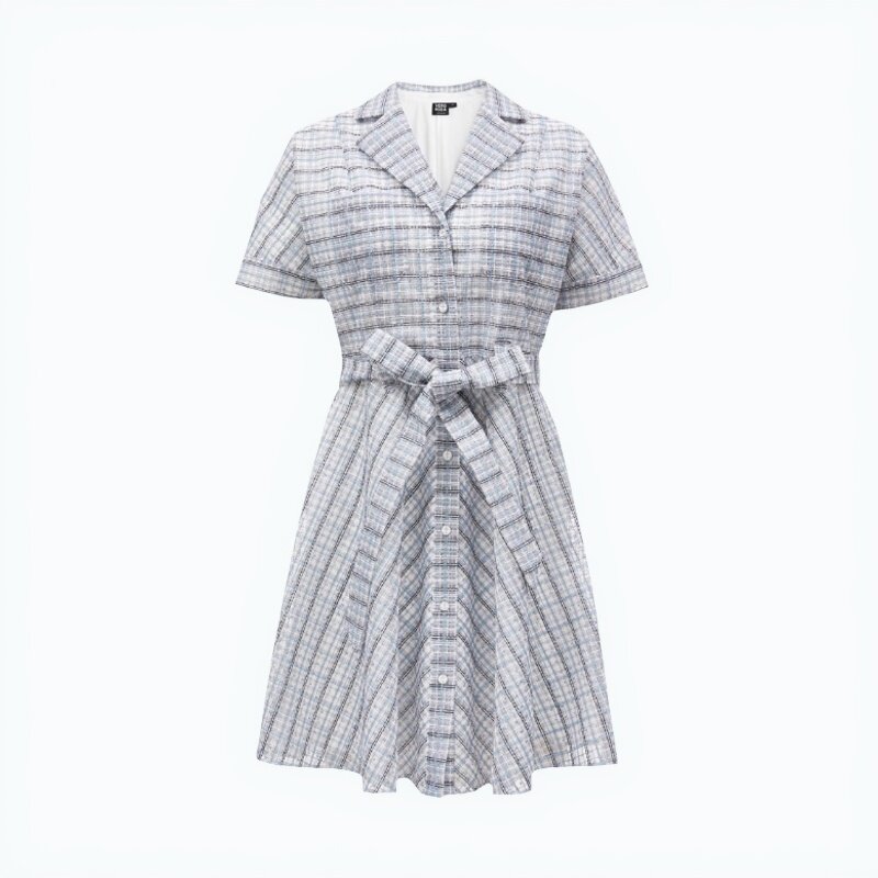 VM国内代购红色蓝色亮片格子百搭小香风短袖连衣裙女 3232SZ010