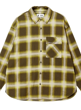 JJ国内代购绿色拼色格纹翻领宽松休闲纯棉长袖衬衫男 224405010