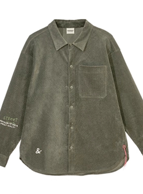 JJ国内代购绿色翻领刺绣字母条绒宽松休闲长袖衬衫男 2234OS003