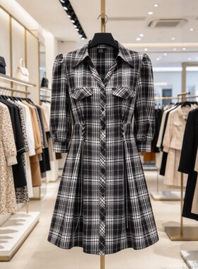 VM国内代购黑色白色格纹百搭翻领七分袖收腰连衣裙女 3233SZ005