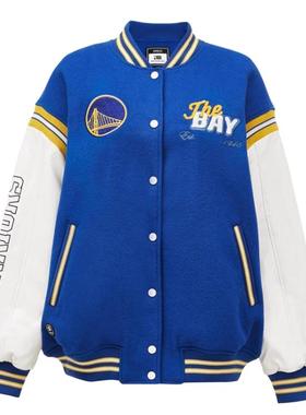 OL国内代购黑色蓝色拼色棒球领宽松夹棉双面毛呢外套女 12316T001