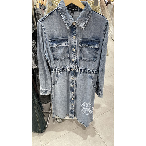 VM国内代购漂白蓝翻领中长款收腰长袖牛仔连衣裙女 325142011