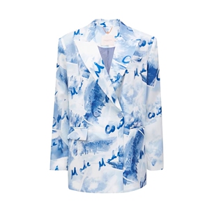 VM国内代购蓝色印花垫肩百搭休闲宽松版中长西装外套女 323108017