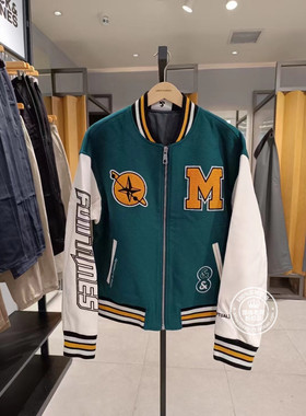 JJ国内代购绿色拼色棒球领字母毛呢外套夹克棒球服男 222427007