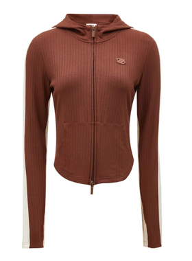 OL国内代购焦棕色拼色条纹修身连帽短款卫衣开衫女 12349R015