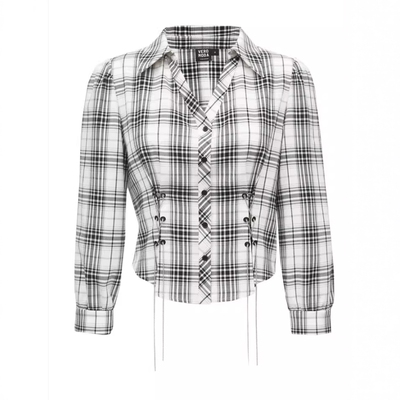 VM国内代购白色撞色格纹百搭翻领收腰链条短款衬衫女 323331038