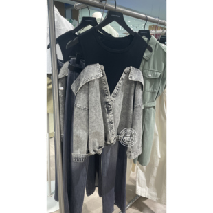 VM国内代购灰色牛仔蓝拼接假两件露肩七分袖牛仔衬衫女 324353002