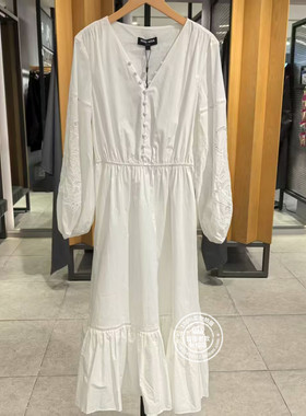 VM国内代购白色V领收腰百搭中长款长袖棉布连衣裙女 32527D002