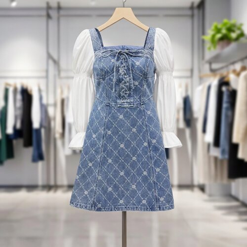 VM国内代购牛仔蓝拼接泡泡袖百搭长袖收腰牛仔连衣裙女 324242013