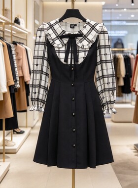 VM国内代购黑色拼接格纹百搭翻领七分袖收腰连衣裙女 3233SZ014