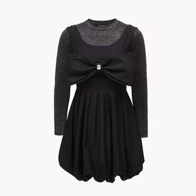 VM国内代购黑色亮丝打底蝴蝶结修身收腰连衣裙两件套女 32317D015