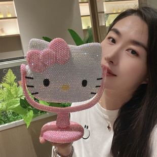 创意礼品招财猫猫咪化妆镜浅粉色台式镜DIY贴钻成品果冻钻KT镜子