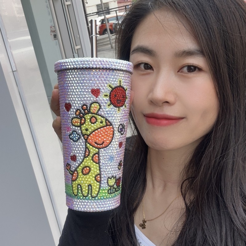美女头像吸管杯子闪亮手工贴钻