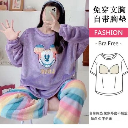 带胸垫珊瑚绒睡衣女冬季蝴蝶口袋加绒加厚法兰绒毛绒冬天家居服