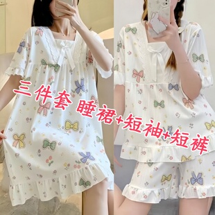 【三件套】睡衣女夏季卡通睡裙薄款休闲网红宽松加大码短袖家居服