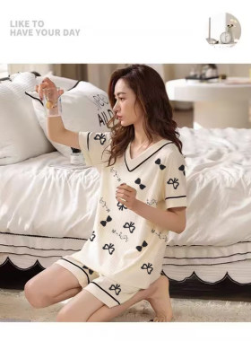 睡衣女夏天纯棉薄款短袖短裤套装