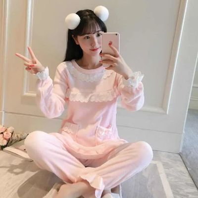 睡衣女冬季加绒加厚珊瑚绒两件套