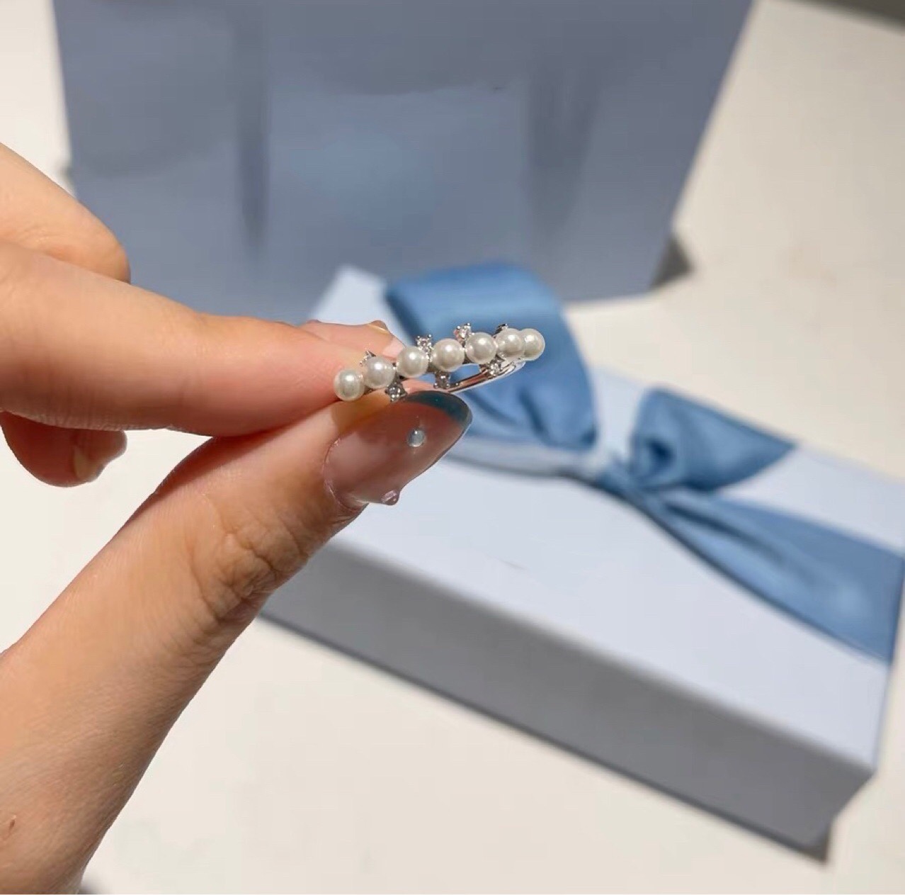 HF何家白月光珍珠戒指925银简约叠戴小众温柔名媛风设计指环尾戒