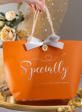 跨境橙色结婚伴手礼袋38妇女节大号礼品袋宝宝礼手提袋生日红热销