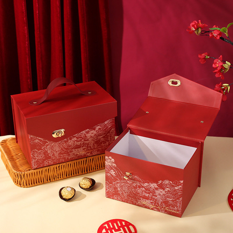 热销中式翻盖式伴手礼空盒喜糖盒子高级感手提不费手结婚喜糖跨境