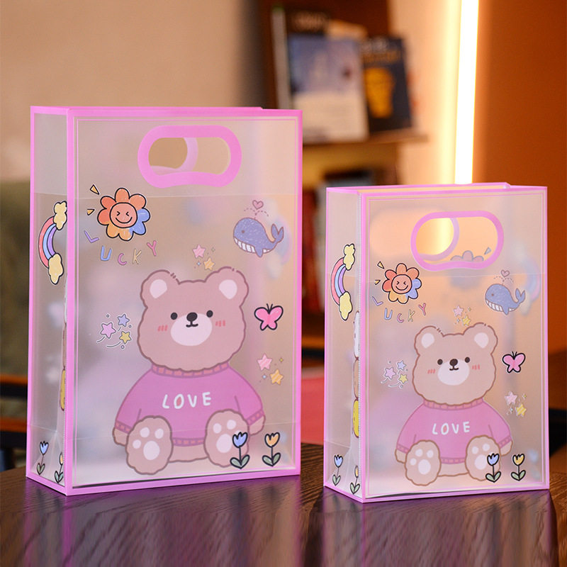 现货卡通小熊礼品袋透明pp包装袋生日伴手礼手提袋子礼物袋小